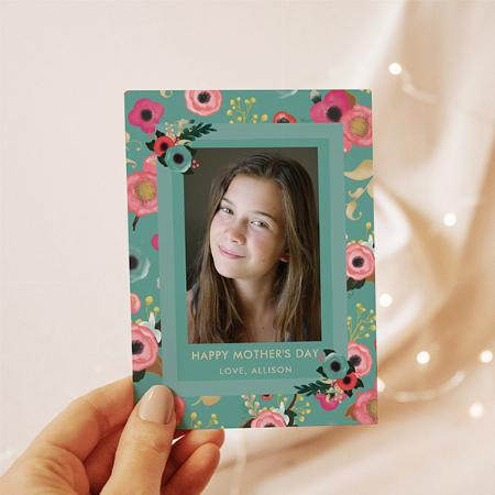 Vibrant | Happy Mother's Day Teal Floral and Photo Customized Printed Greeting Card