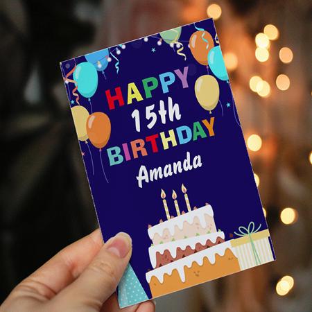 Happy Birthday Balloons Cake Navy Blue Customized Printed Greeting Card