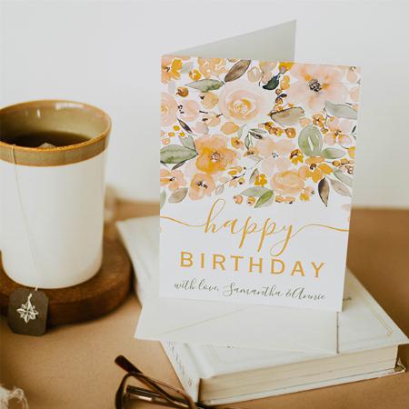 Yellow Floral Watercolor 2 Photos Birthday Customized Printed Greeting Card