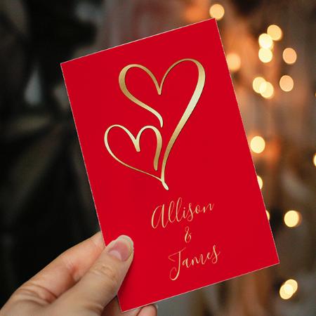 Two Gold Hearts on Red Customized Printed Greeting Card