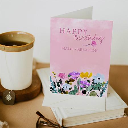 Wildflower Border Pink Watercolor Birthday Customized Printed Greeting Card