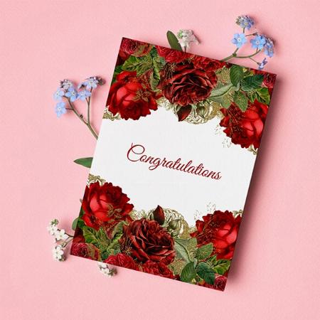 Wedding Red Roses Gold Watercolor Congratulations Customized Printed Greeting Card