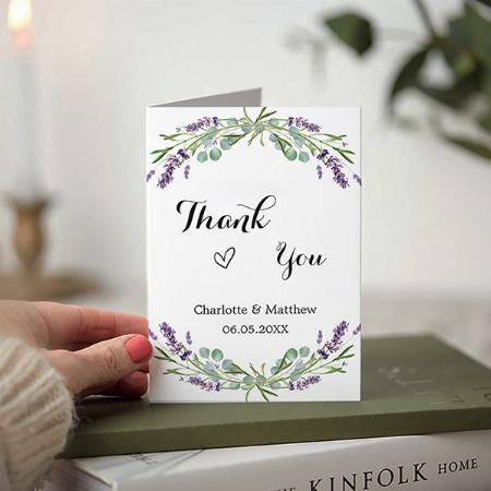 Lavender Violet Florals Photo Wedding Thank You Customized Printed Greeting Card