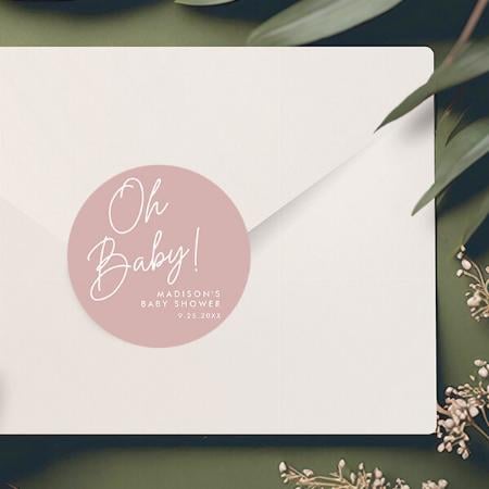 Modern Oh Baby Script Dusty Rose Customized Printed Sticker