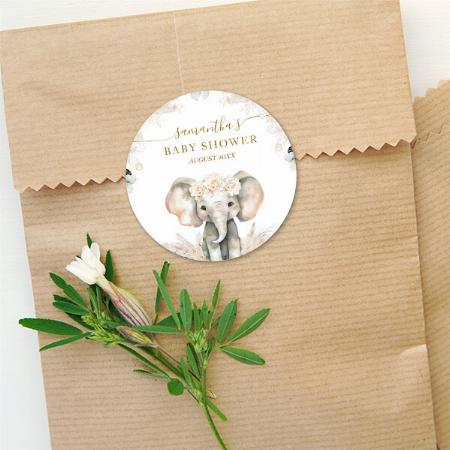 Elephant White Roses Boho Pampas Baby Shower Customized Printed Sticker