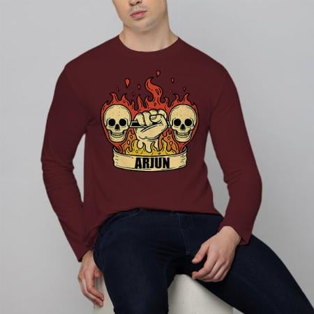 Fire and Skull Customized Printed Men's Full Sleeves Cotton T-Shirt