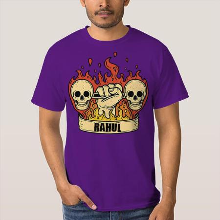 Fire and Skull Customized Printed Men's Half Sleeves Cotton T-Shirt