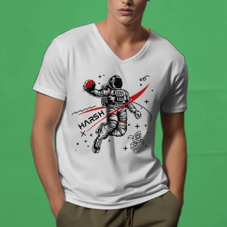 Play in Space V Neck Customized Printed Men's Half Sleeves Cotton T-Shirt