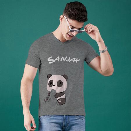 Cute Panda V Neck Customized Printed Men's Half Sleeves Cotton T-Shirt
