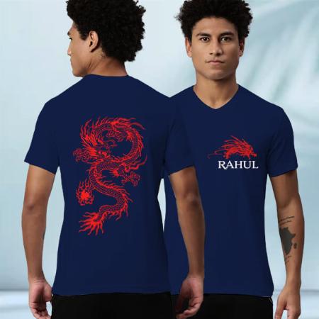 Red Dragon V Neck Customized Printed Men's Half Sleeves Cotton T-Shirt