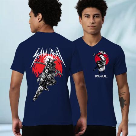 Samurai V Neck Customized Printed Men's Half Sleeves Cotton T-Shirt