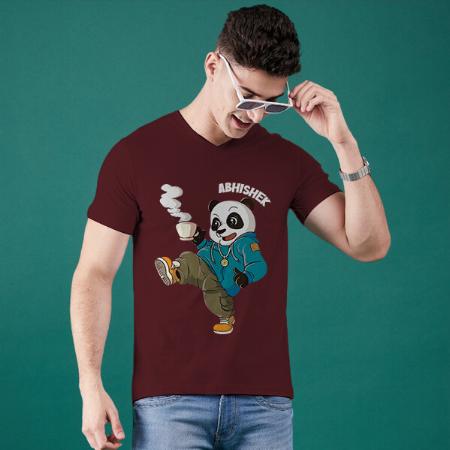 Cool Panda V Neck Customized Printed Men's Half Sleeves Cotton T-Shirt