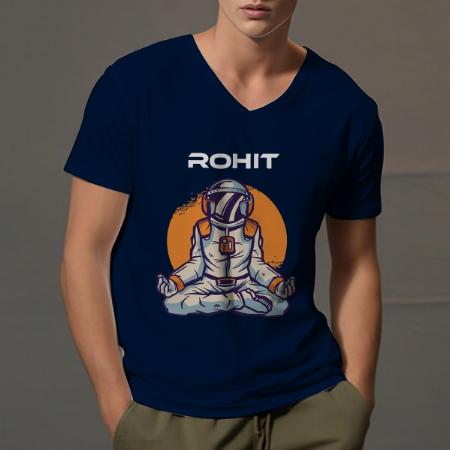 Meditating Astronaut V Neck Customized Printed Men's Half Sleeves Cotton T-Shirt