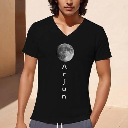 Moon with Name V Neck Customized Printed Men's Half Sleeves Cotton T-Shirt