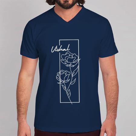 White Flower V Neck Customized Printed Men's Half Sleeves Cotton T-Shirt