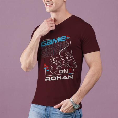 Game On V Neck Customized Printed Men's Half Sleeves Cotton T-Shirt