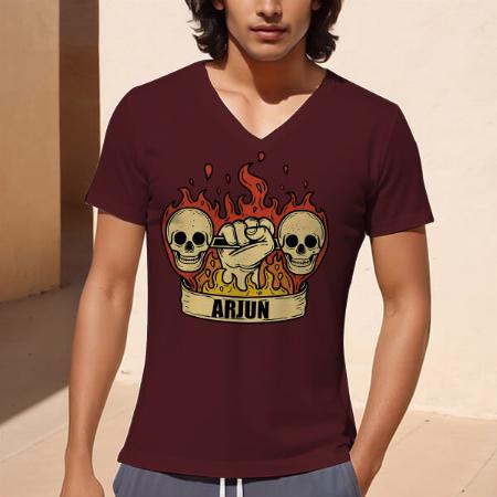 Fire and Skull V Neck Customized Printed Men's Half Sleeves Cotton T-Shirt