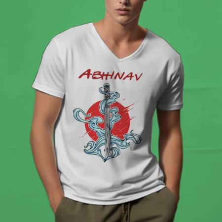 Sword V Neck Customized Printed Men's Half Sleeves Cotton T-Shirt