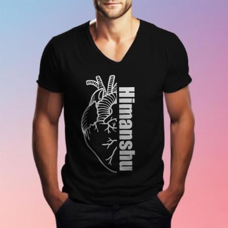 Open Heart V Neck Customized Printed Men's Half Sleeves Cotton T-Shirt
