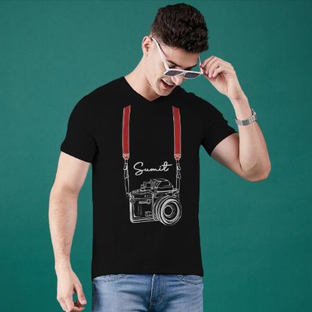 Camera V Neck Customized Printed Men's Half Sleeves Cotton T-Shirt