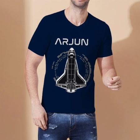 Space Shuttle with Name V Neck Customized Printed Men's Half Sleeves Cotton T-Shirt