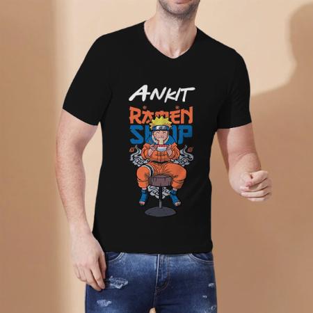 Ramen Shop V Neck Customized Printed Men's Half Sleeves Cotton T-Shirt
