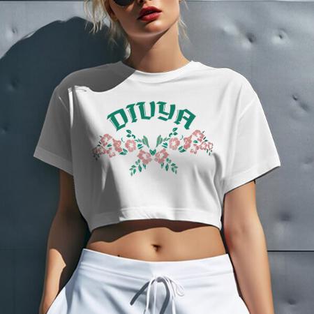 Flowers Customized Printed Women's Half Sleeves Cotton Crop Top T-Shirt