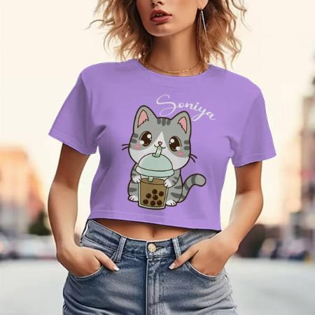 Cute Kitty Customized Printed Women's Half Sleeves Cotton Crop Top T-Shirt