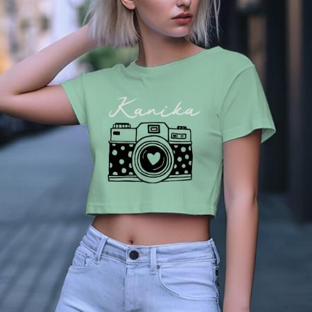 Retro Camera Customized Printed Women's Half Sleeves Cotton Crop Top T-Shirt