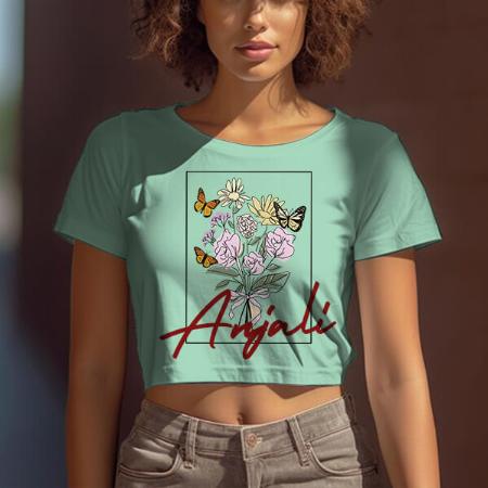Flowers Customized Printed Women's Half Sleeves Cotton Crop Top T-Shirt