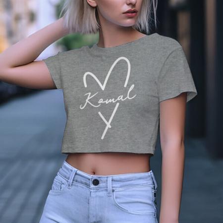 Heart with Name Customized Printed Women's Half Sleeves Cotton Crop Top T-Shirt