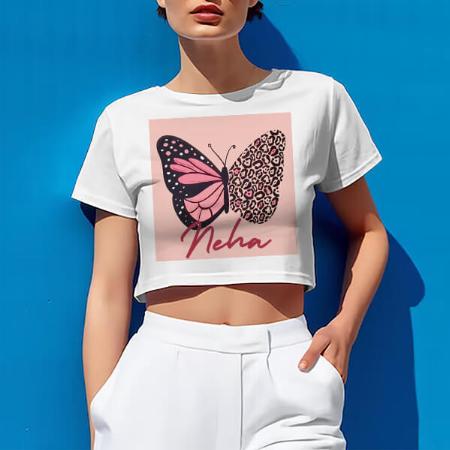 Butterfly Customized Printed Women's Half Sleeves Cotton Crop Top T-Shirt