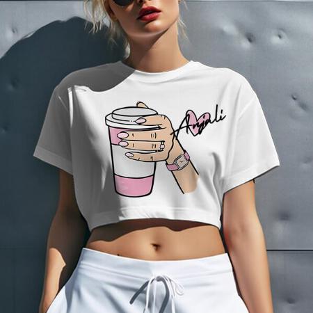 Coffee Time Customized Printed Women's Half Sleeves Cotton Crop Top T-Shirt