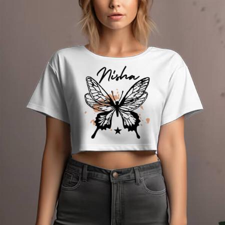 Butterfly Customized Printed Women's Half Sleeves Cotton Crop Top T-Shirt
