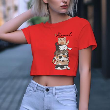 Cat Lover Customized Printed Women's Half Sleeves Cotton Crop Top T-Shirt