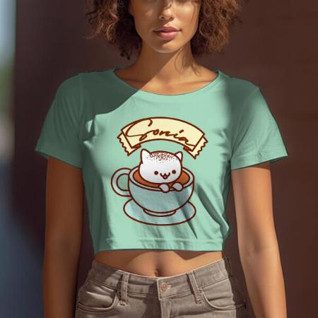 Cat in Cup Customized Printed Women's Half Sleeves Cotton Crop Top T-Shirt