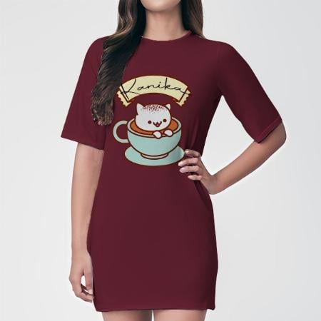 Cat in Cup Customized Printed Women's Long Top Knee Length Quarter Sleeves Dress