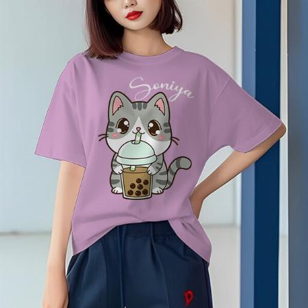 Cute Kitty Oversized Hip Hop Customized Printed Women's Half Sleeves Cotton T-Shirt