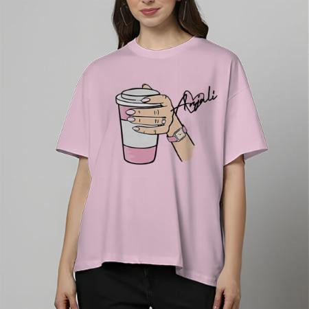 Coffee Time Oversized Hip Hop Customized Printed Women's Half Sleeves Cotton T-Shirt