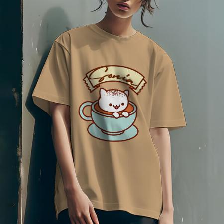 Cat in Cup Oversized Hip Hop Customized Printed Women's Half Sleeves Cotton T-Shirt