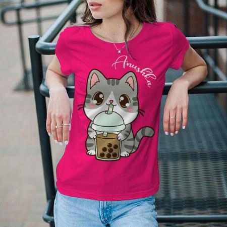 Cute Kitty Customized Printed Women's Half Sleeves Cotton T-Shirt