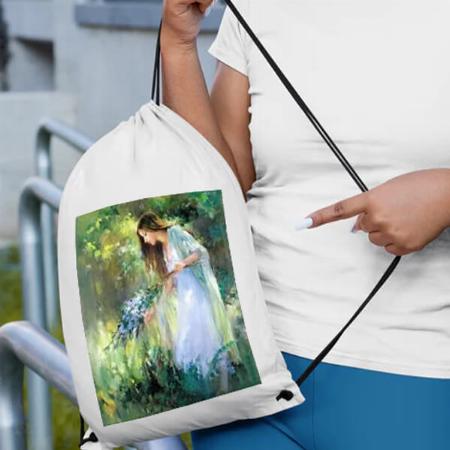 White Customized Photo Printed Drawstring Bag