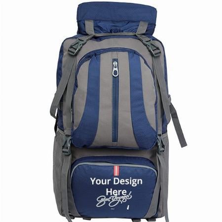 Blue And Grey Customized Polyester Rucksack Backpack Bags With Laptop Compartment Water Resistant Women & Men Fits For College, Travelling, Hiking (50 Liter)