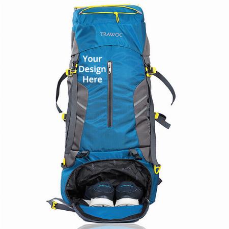 Sky Blue Customized 65 Liters Hiking Trekking Bag Camping Rucksack Travel Backpack With Shoe Compartment