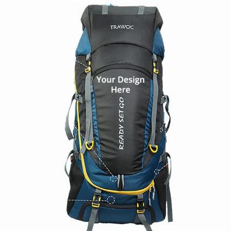 Blue Customized 65 L Internal Frame Hiking Front & Top Loading Rucksack With Water Proof Rain Cover & Shoe Compartment