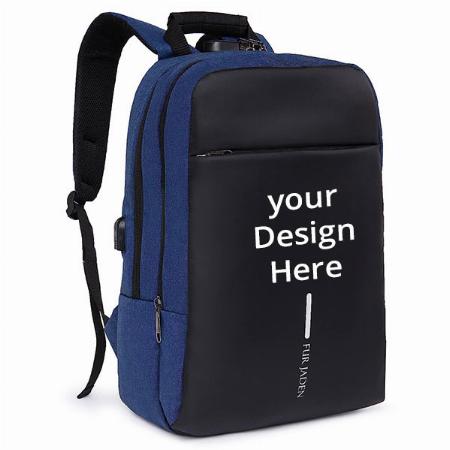 Blue Black Customized Anti Theft Number Lock Backpack Bag with 15.6 Inch Laptop Compartment, USB Charging Port