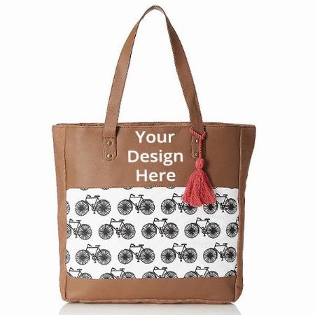 Brown Customized Katha Print Women's PU Leather and Canvas Hand Bag
