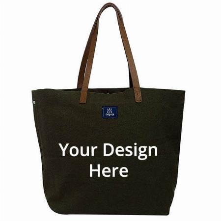 Green Customized Women's Solid Cotton Canvas Tote Shoulder Hand Bag with Magnetic Button Top (17.5" x 13")