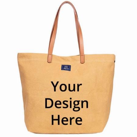 Beige Customized Women's Solid Cotton Canvas Tote Shoulder Hand Bag with Magnetic Button Top (17.5" x 13")