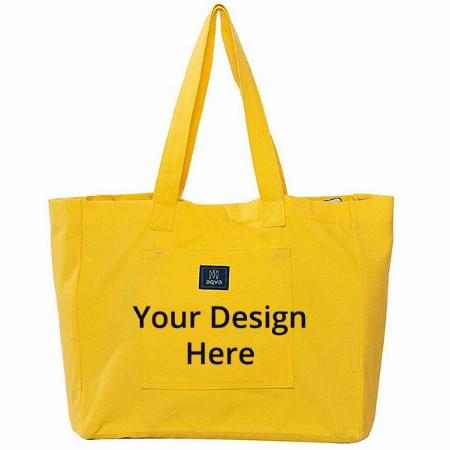 Yellow Customized Women Cotton Canvas Tote Bag, Solid Color Shoulder Bag With Magnetic Button Closure, For Shopping, Travel, Work, Beach, Office, College